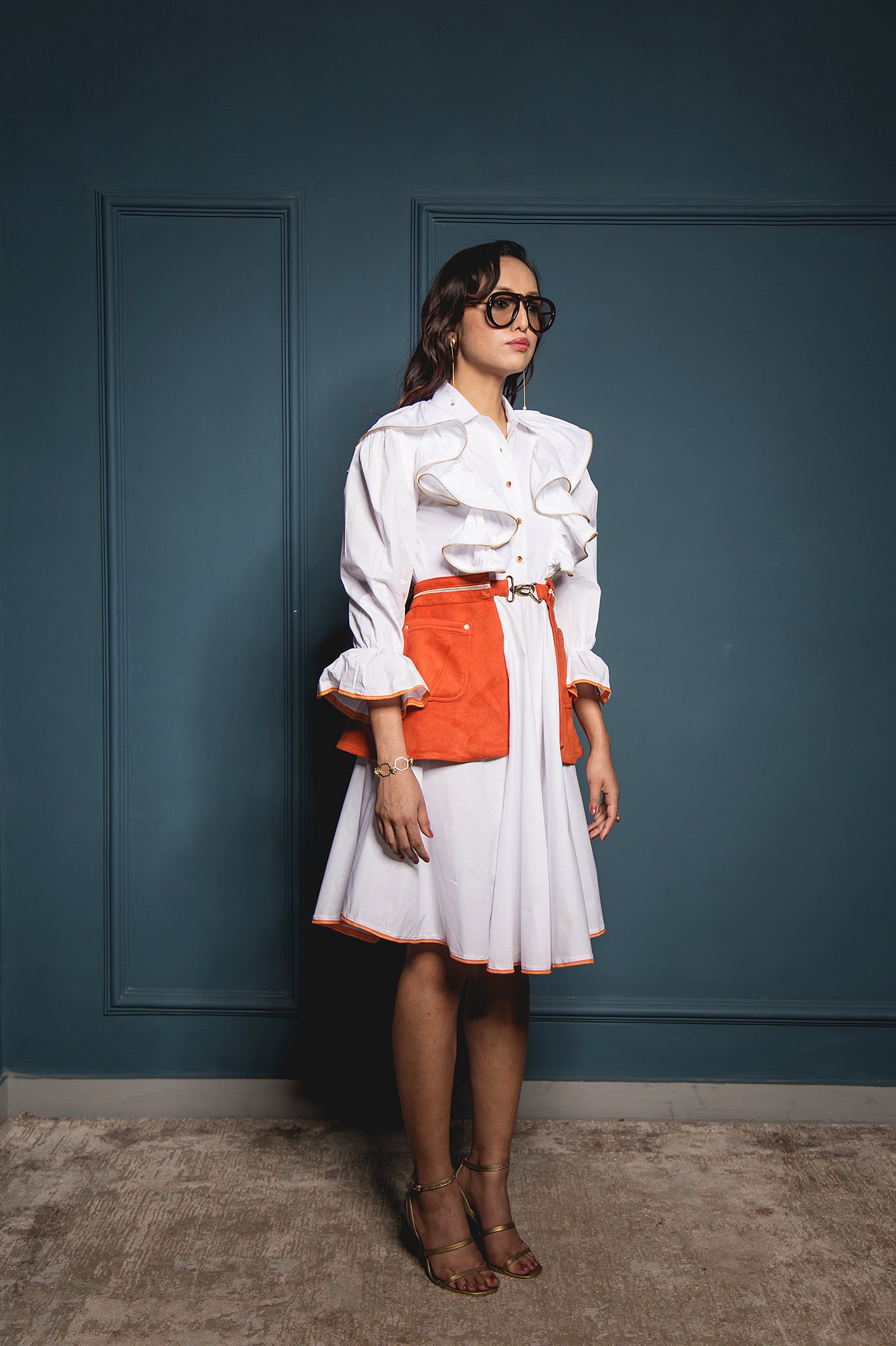 The White Yoke Ruffle Dress With Suede Belt