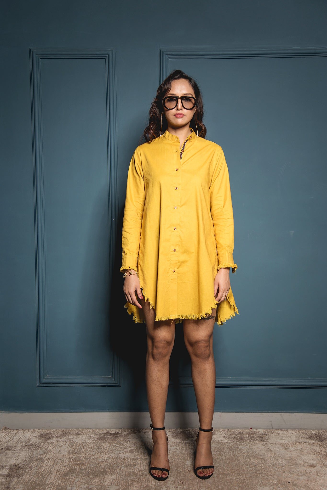 The Mustard Fringed Sidebutton Dress