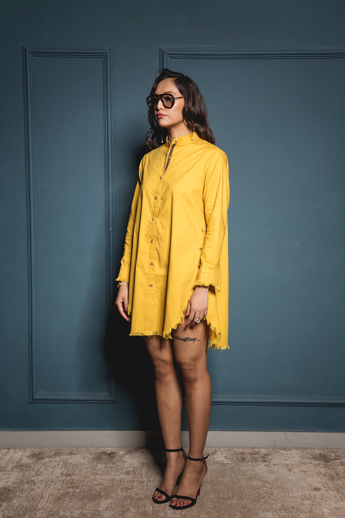 The Mustard Fringed Sidebutton Dress