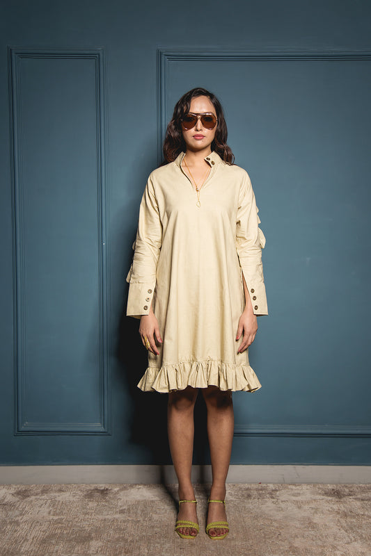 The Beige Sleeve Ruffle Dress