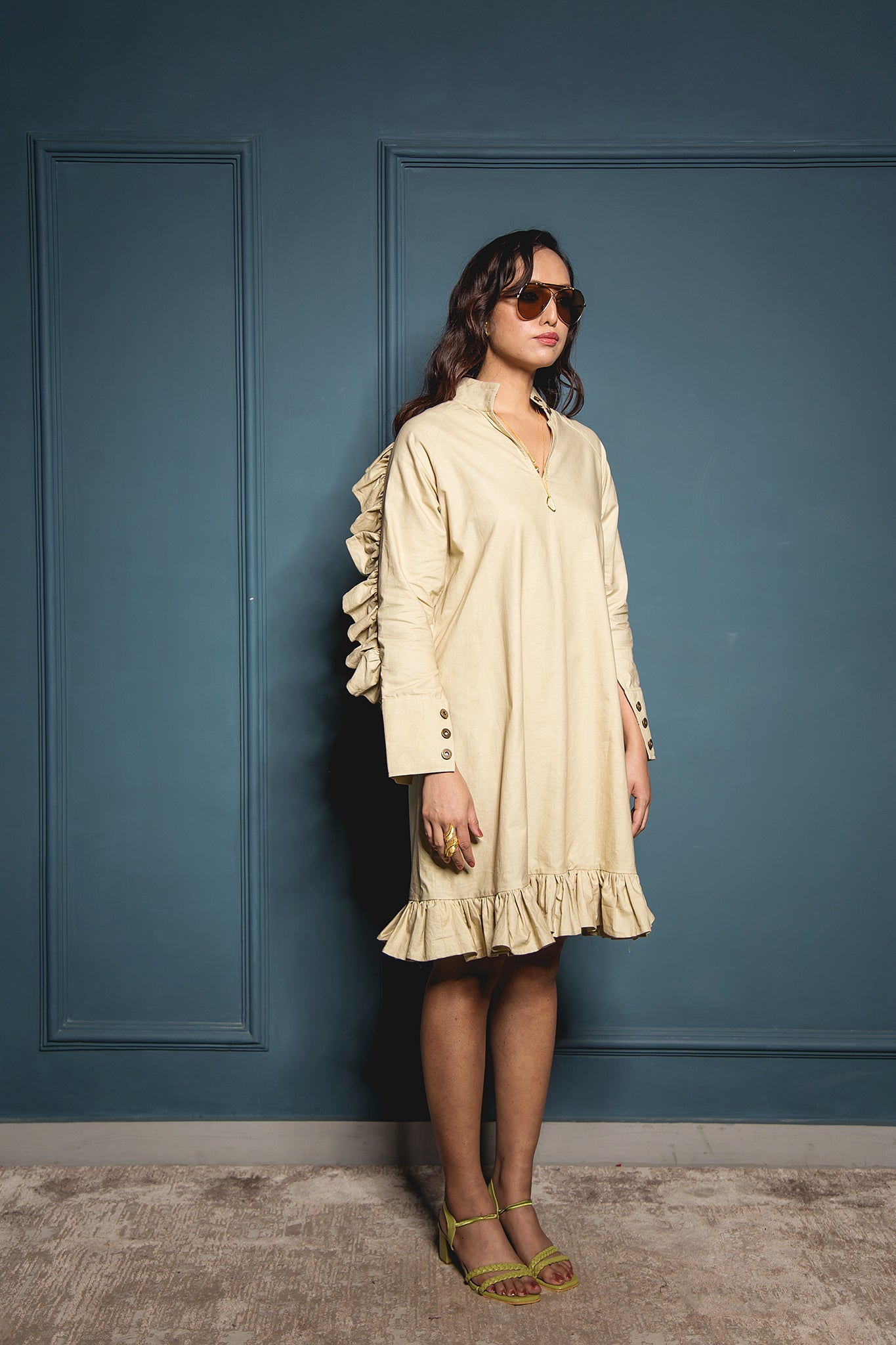 The Beige Sleeve Ruffle Dress