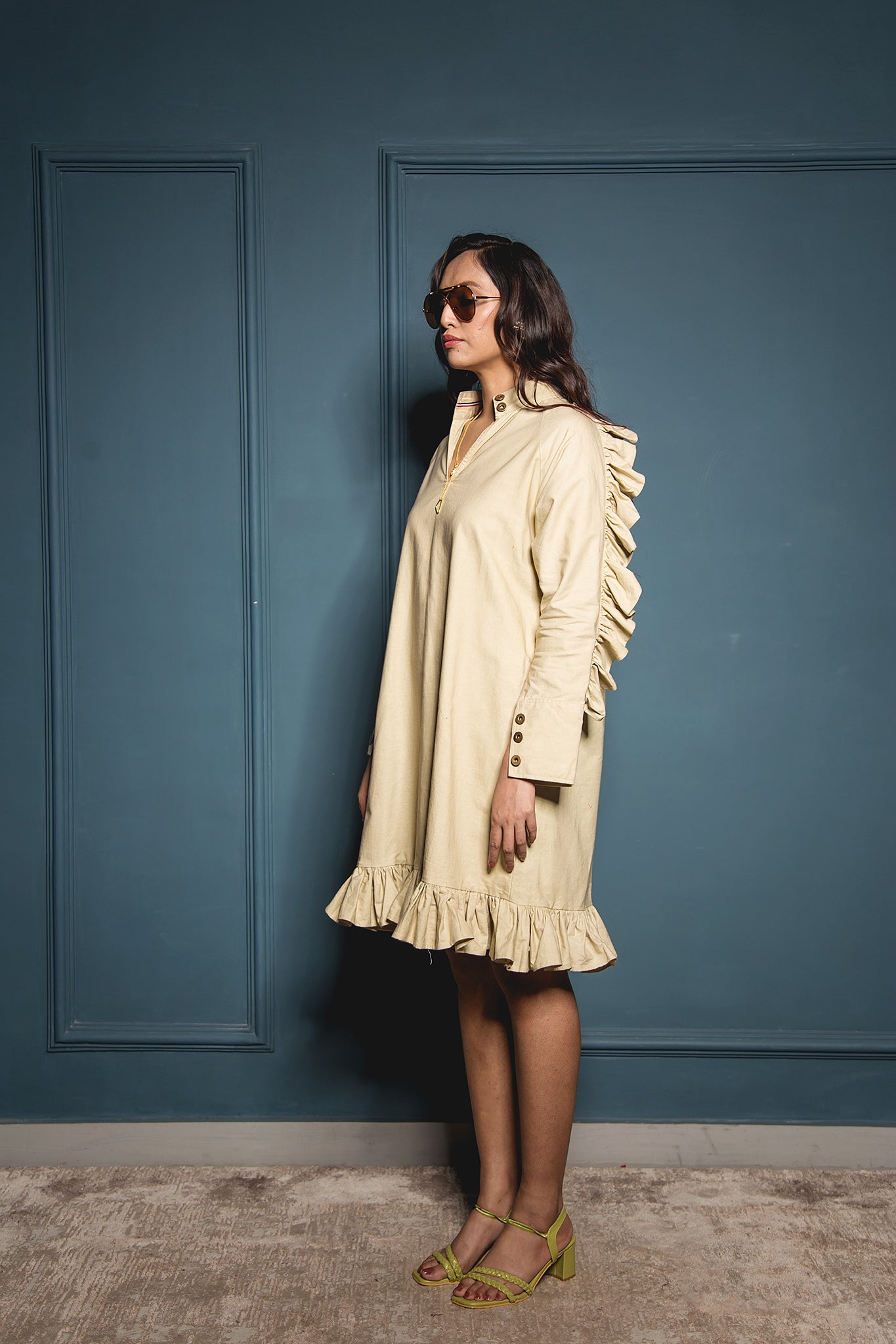 The Beige Sleeve Ruffle Dress