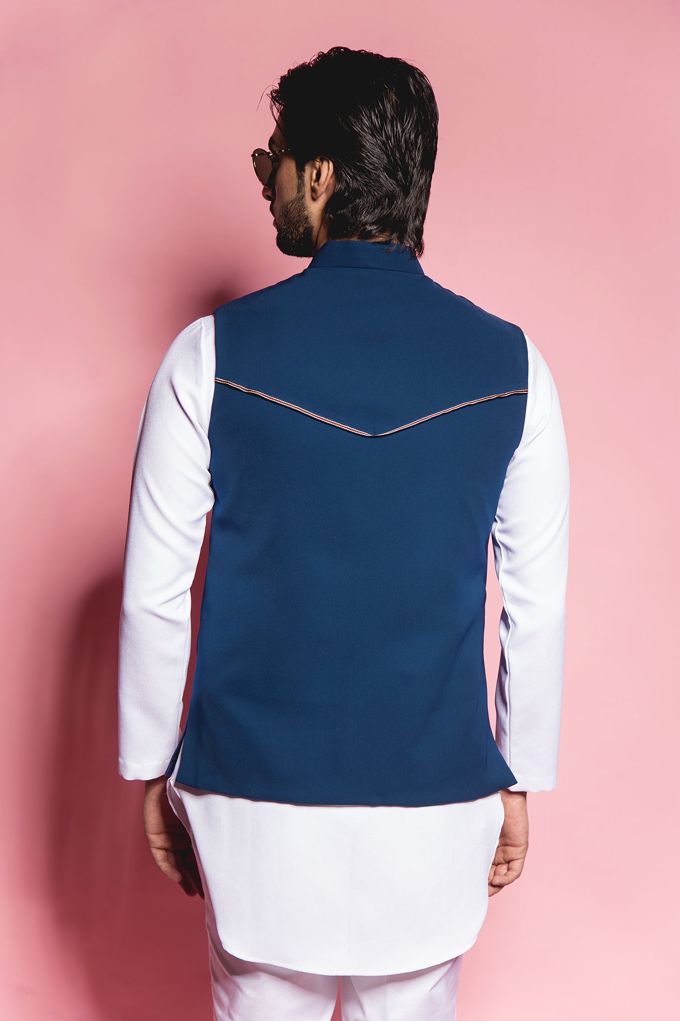 The Royale Blue Drape Sleeveless Jacket