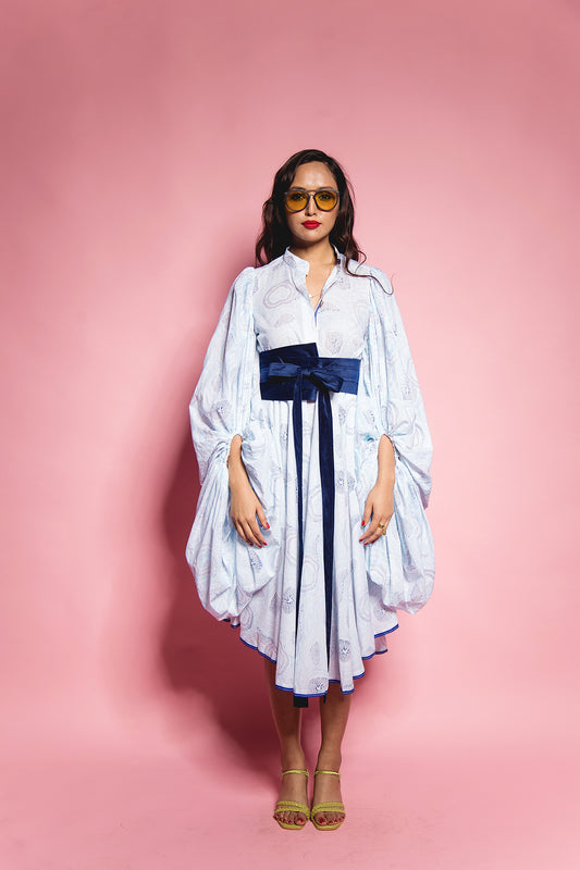 The Blue Abstract Oversize Sleeve Dress