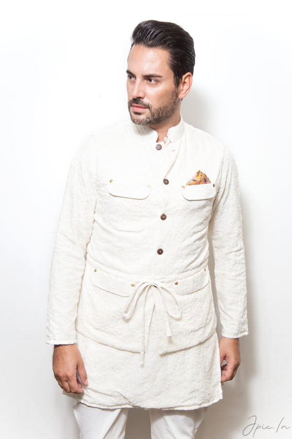 The self embroidered safari jacket with kurta