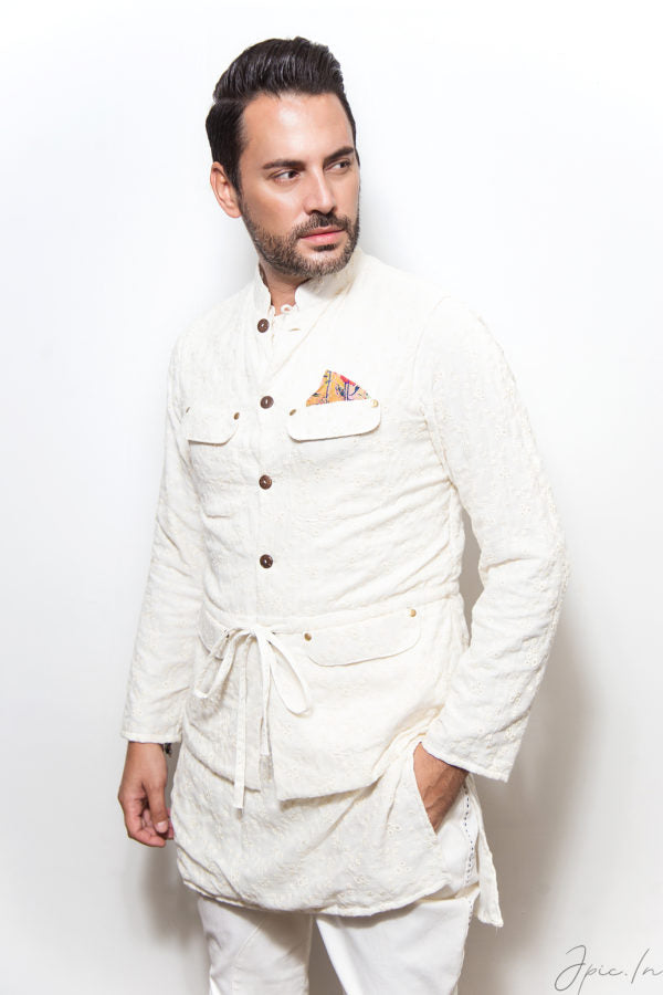 The self embroidered safari jacket with kurta