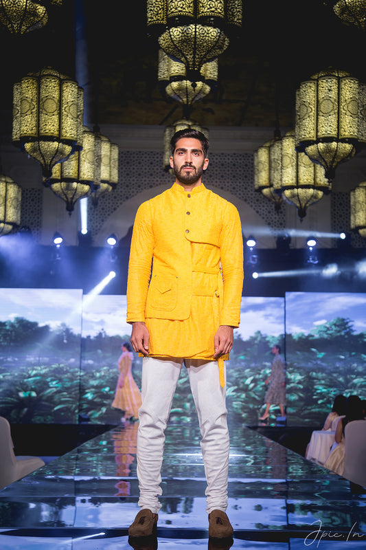 The self embroidered belted jacket with kurta