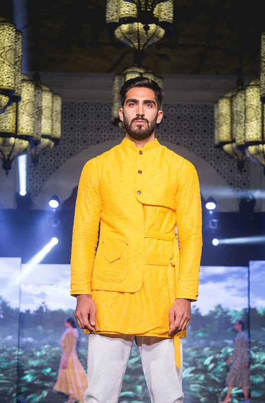 The self embroidered belted jacket with kurta