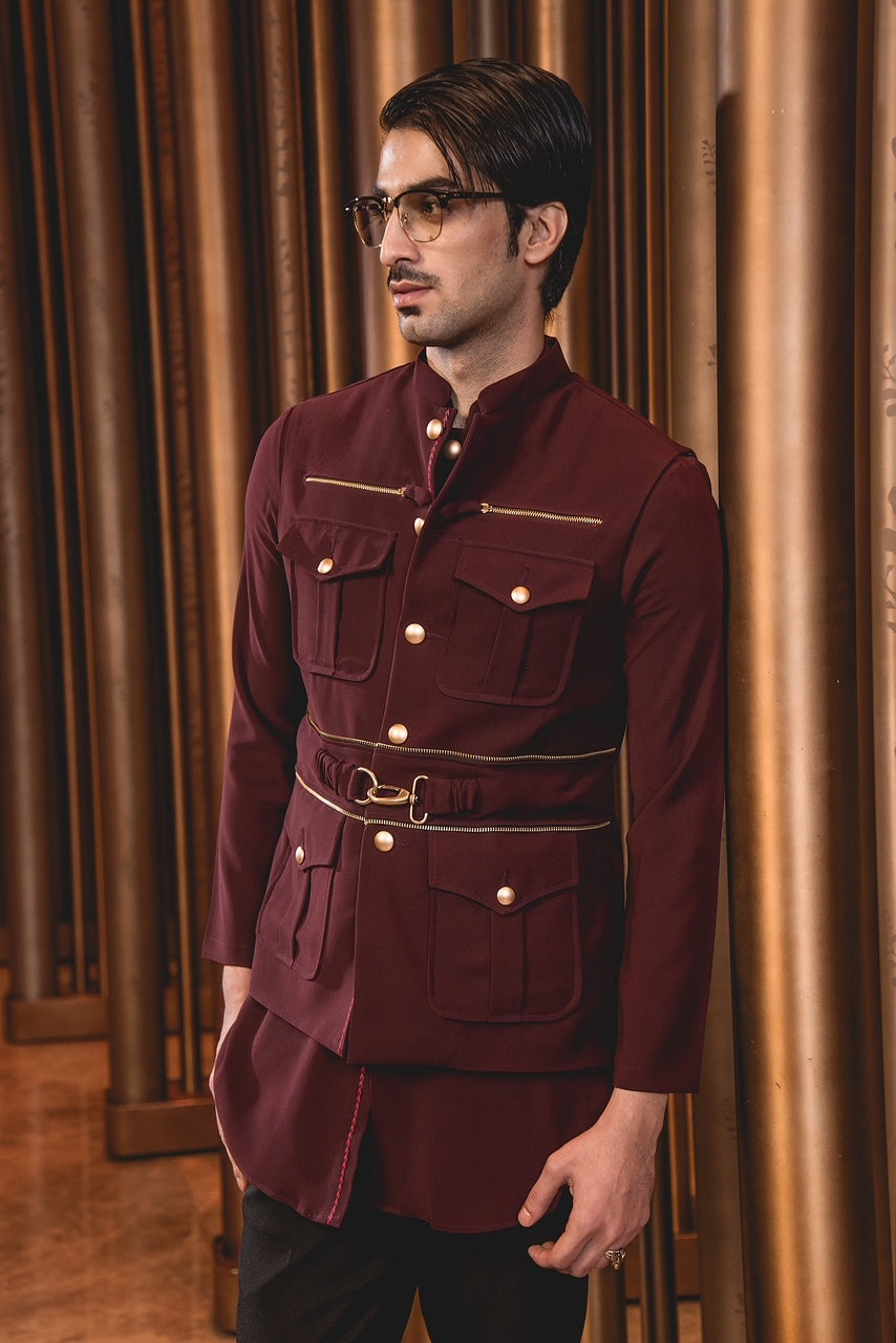 The Maroon Buckle Zipper Sleeveless Jacket