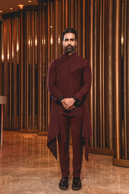 The Maroon Cross Pleated Drape Bandhgala