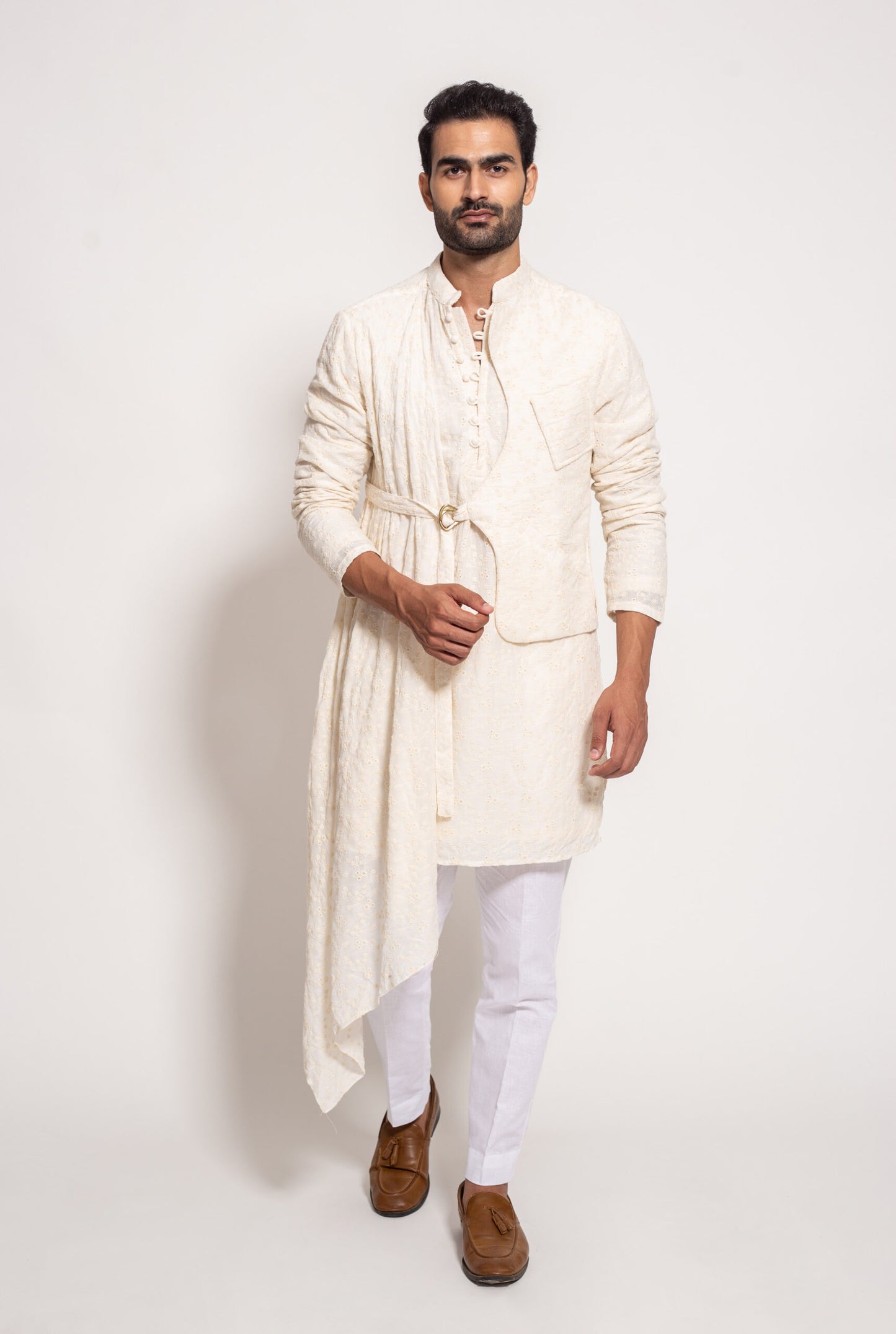 The White Self Embroidered Jacket Panel Drape Kurta