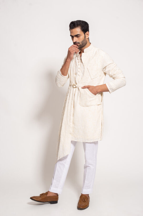 The White Self Embroidered Jacket Panel Drape Kurta