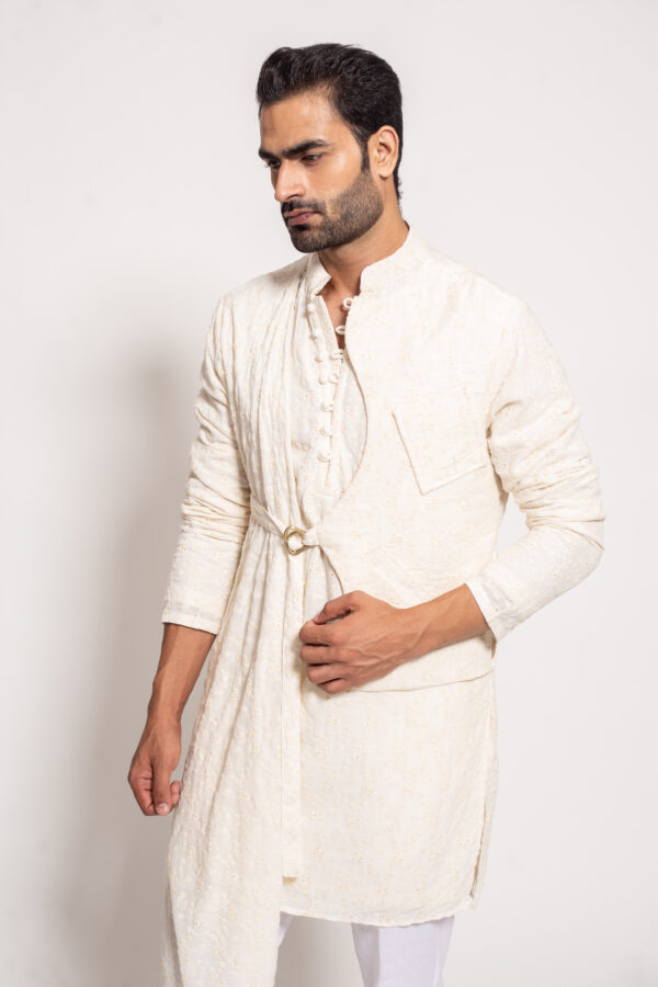 The White Self Embroidered Jacket Panel Drape Kurta