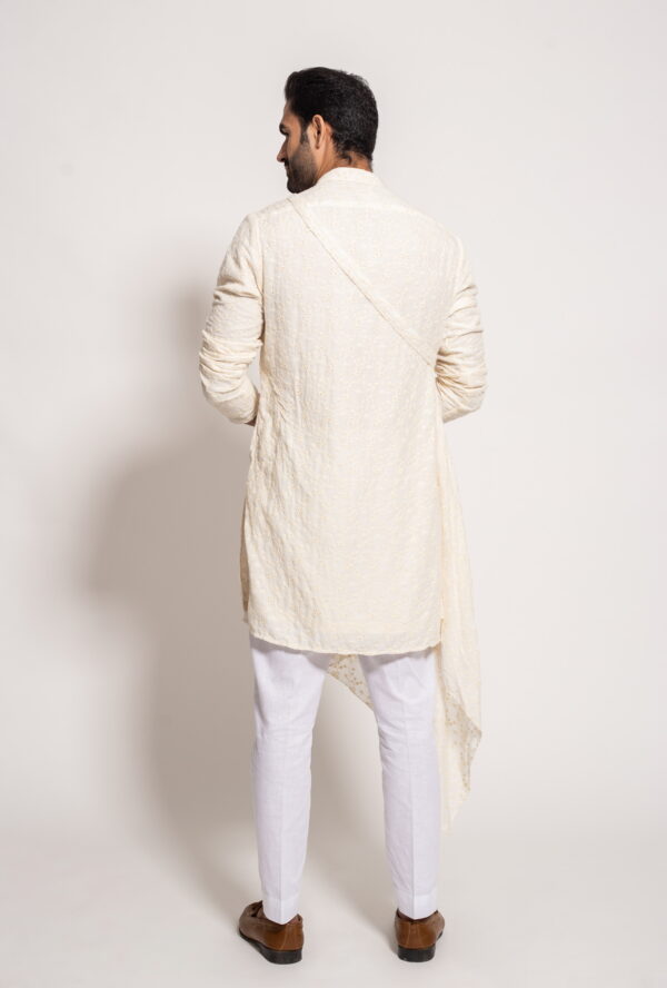 The White Self Embroidered Jacket Panel Drape Kurta