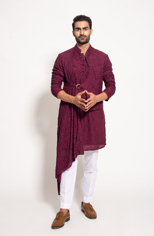 The Wine Self Embroidered Jacket Panel Drape Kurta
