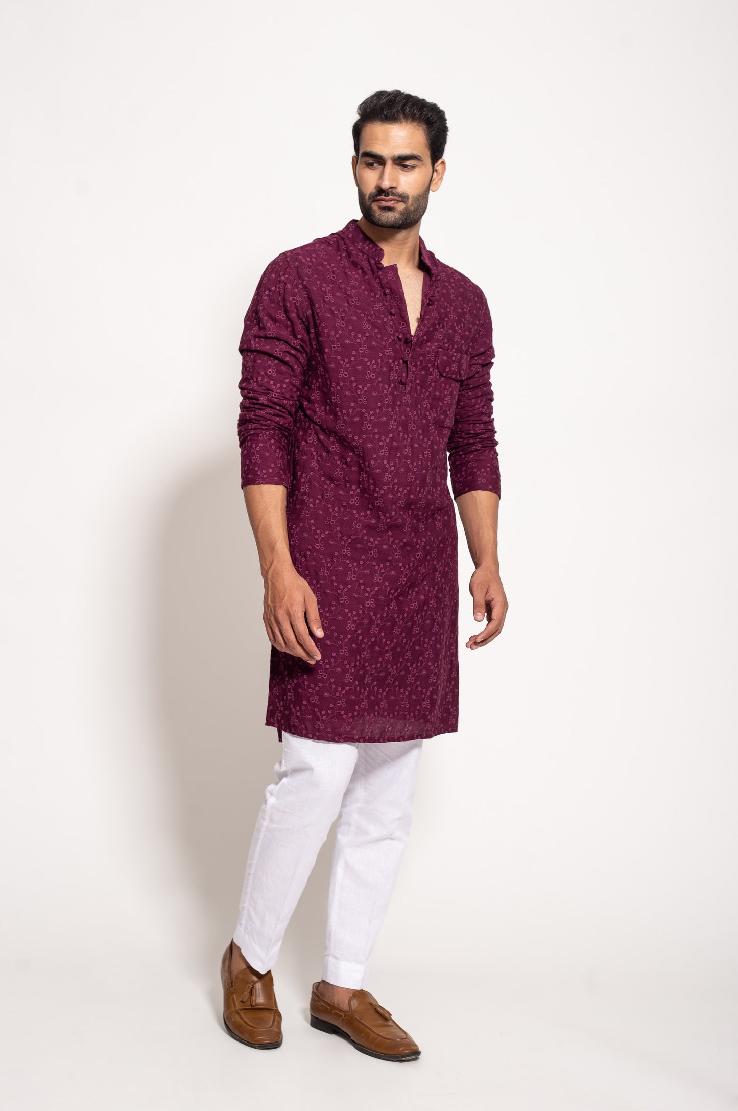 The Wine Self Embroidered Kurta