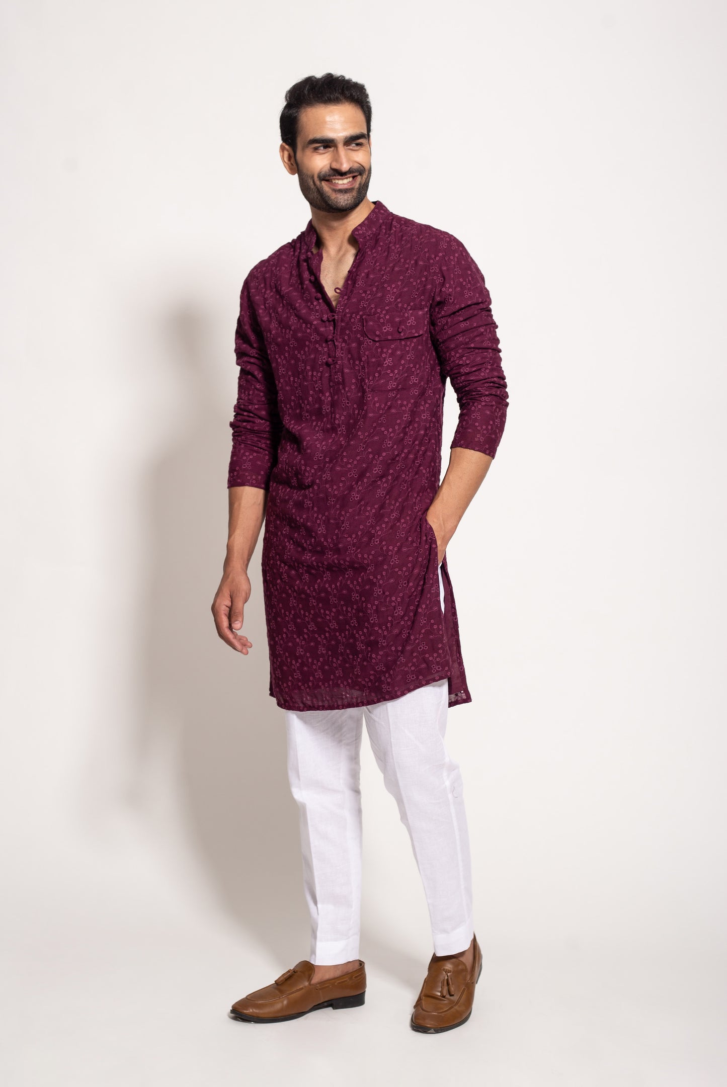 The Wine Self Embroidered Kurta