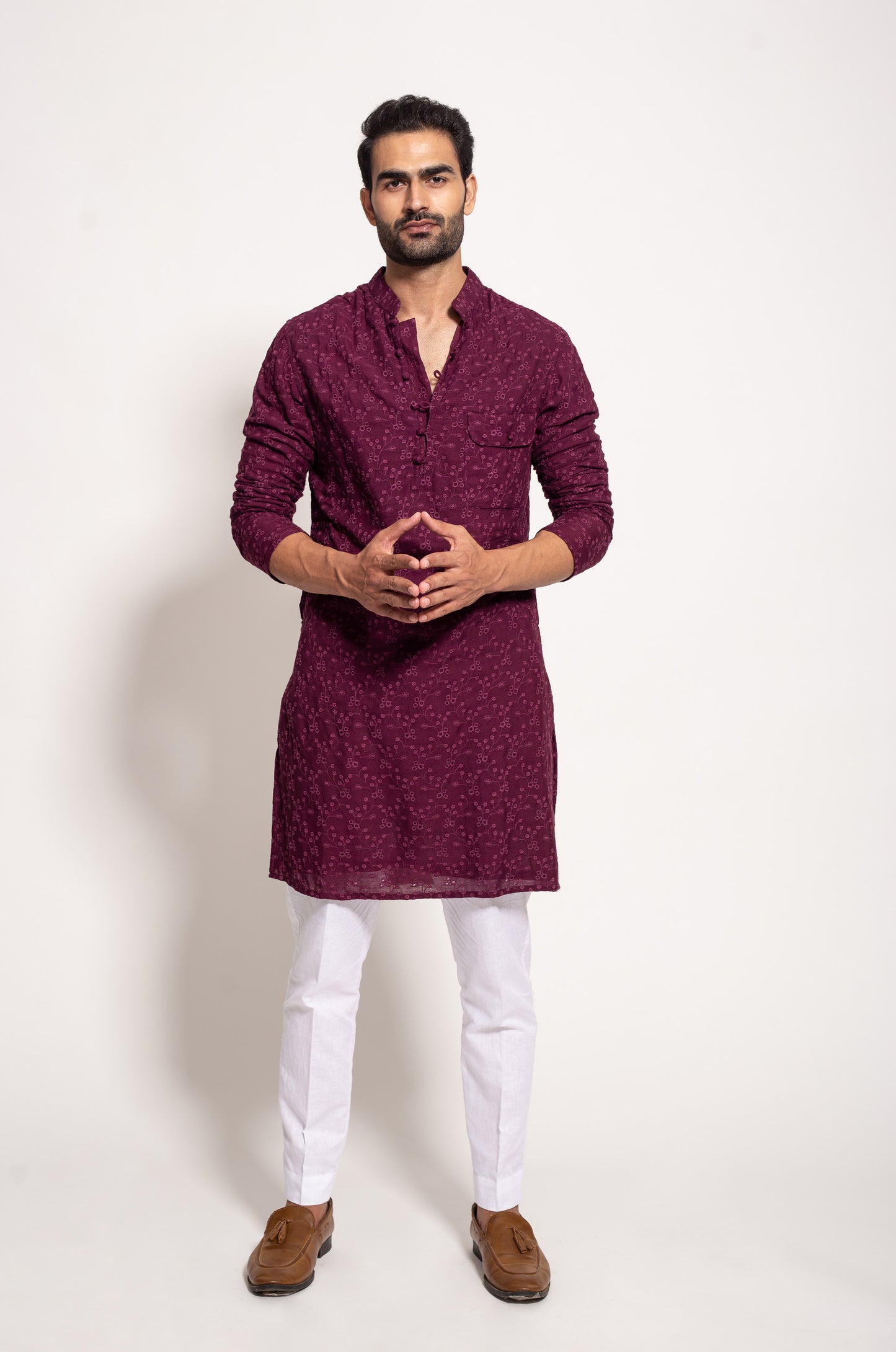 The Wine Self Embroidered Kurta