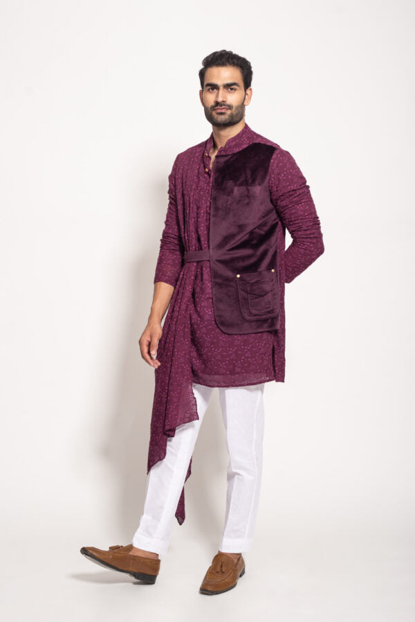 The Wine Velvet Jacket Panel Drape Kurta