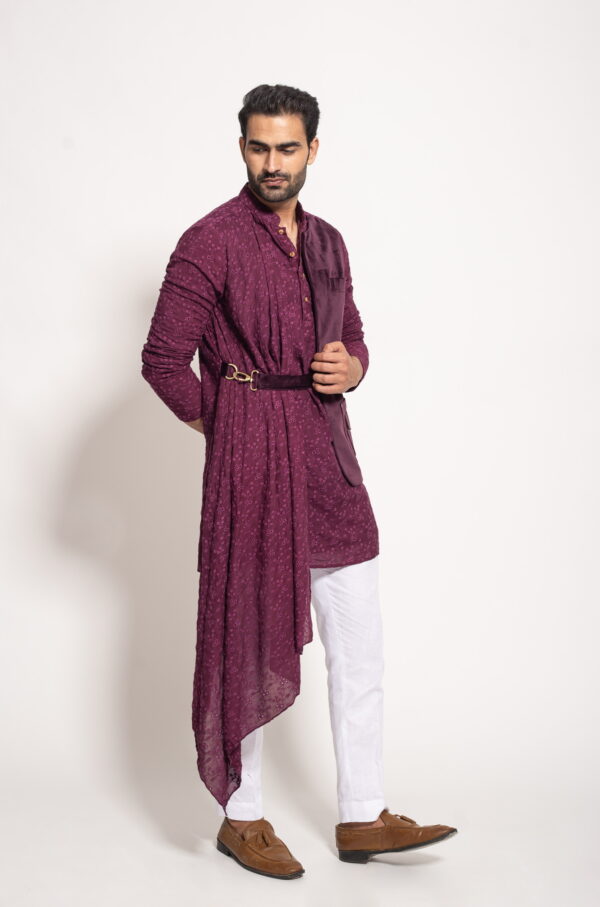 The Wine Velvet Jacket Panel Drape Kurta