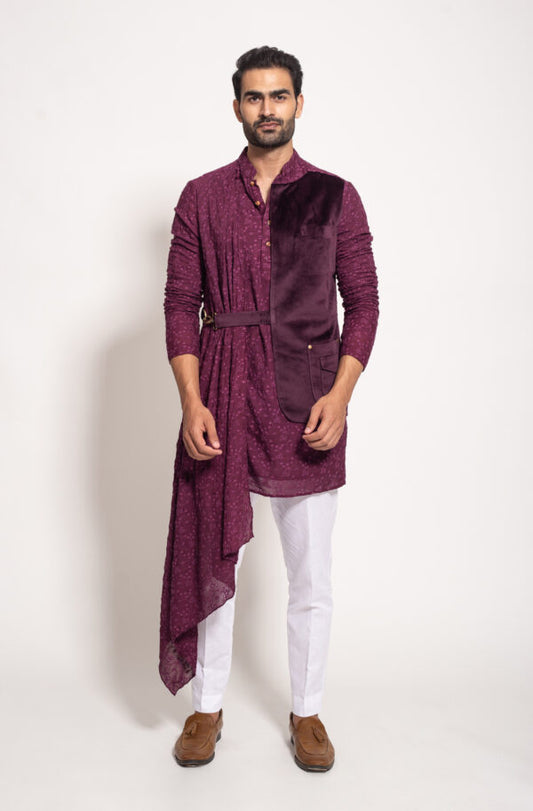 The Wine Velvet Jacket Panel Drape Kurta