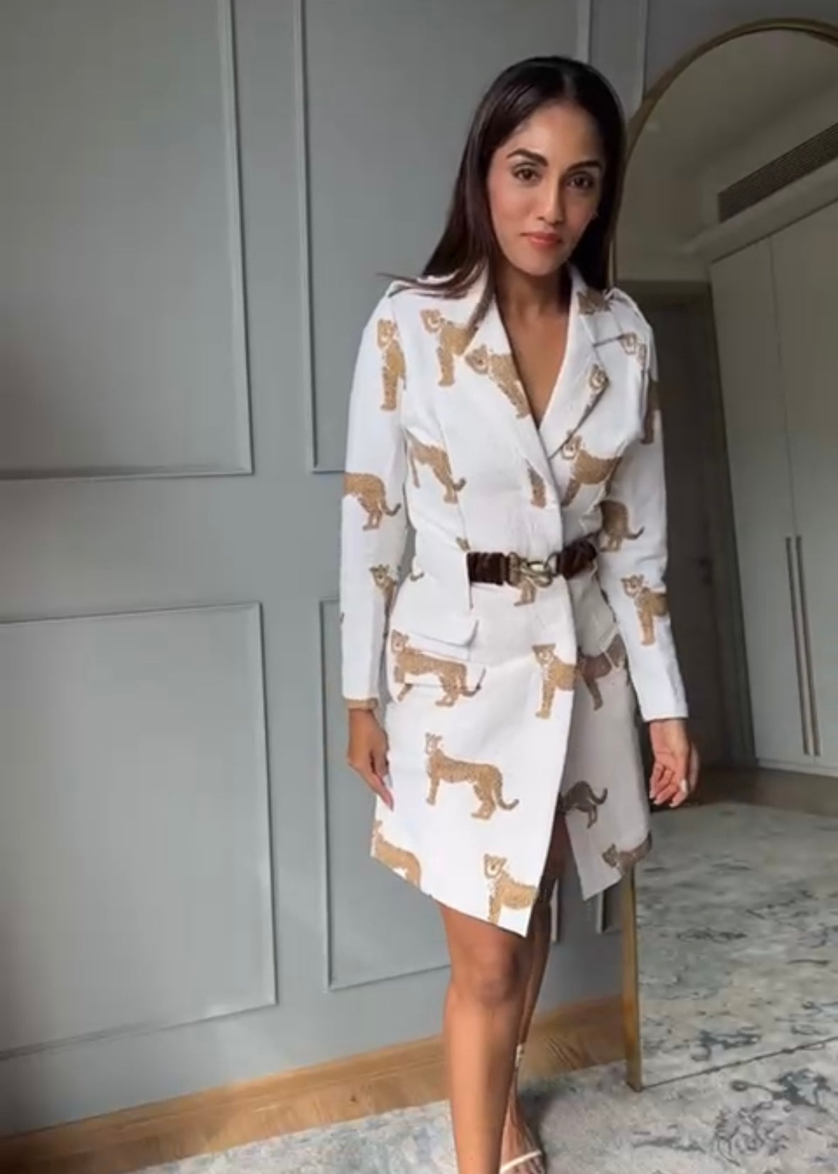 SHRIMA RAI- The White cheetah Coat Dress With Belt