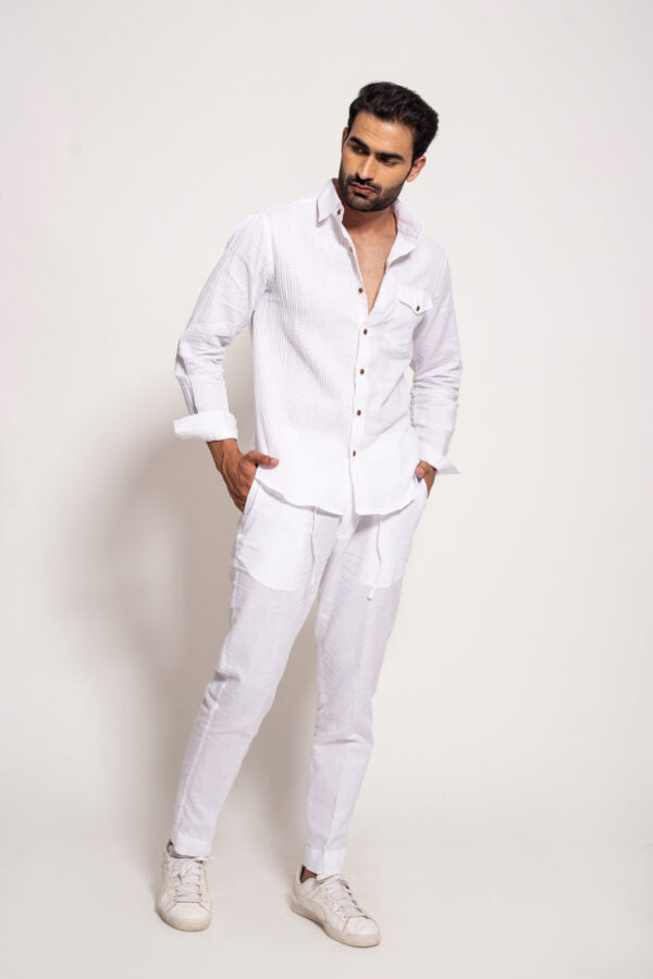 The White Linen Half Panel Pleated Shirt