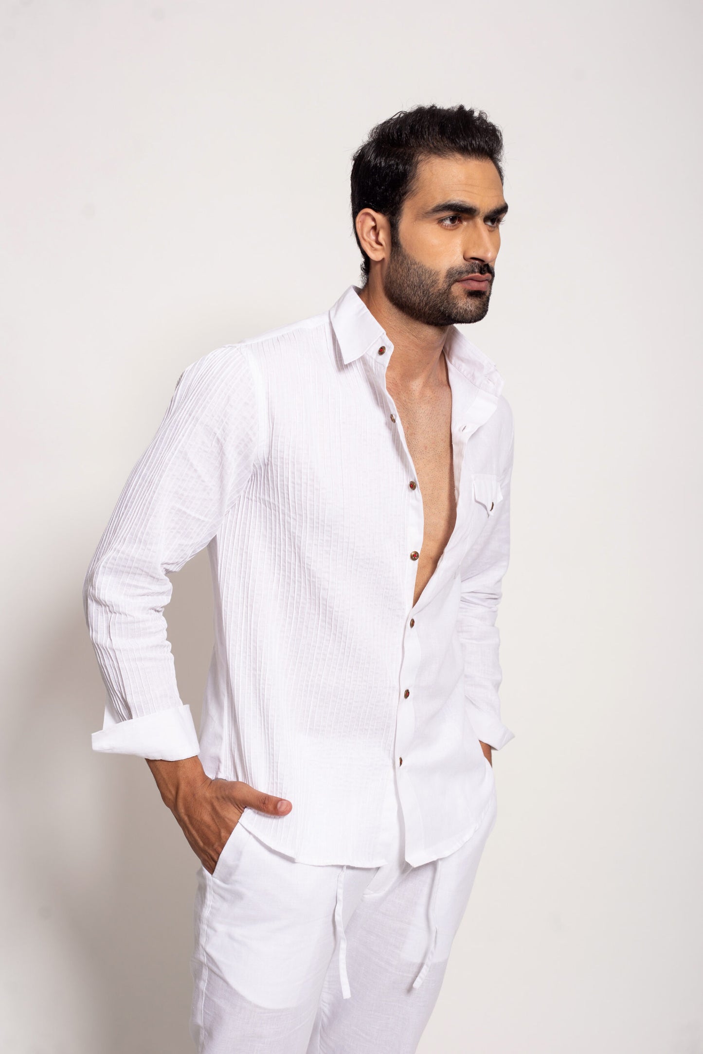 The White Linen Half Panel Pleated Shirt